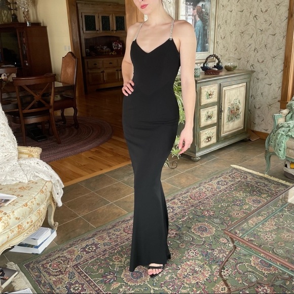 Vintage 90’s Dress Metal Diamond Rhinestone Backless Dress Maxi Black Slip Prom - Picture 14 of 17